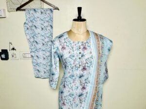 Sky blue and white mixed floral printed kurthi