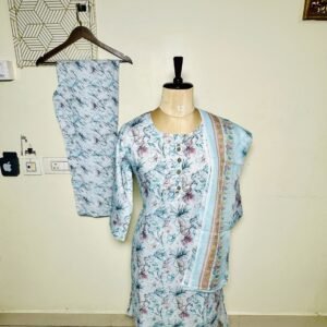 Sky blue and white mixed floral printed kurthi