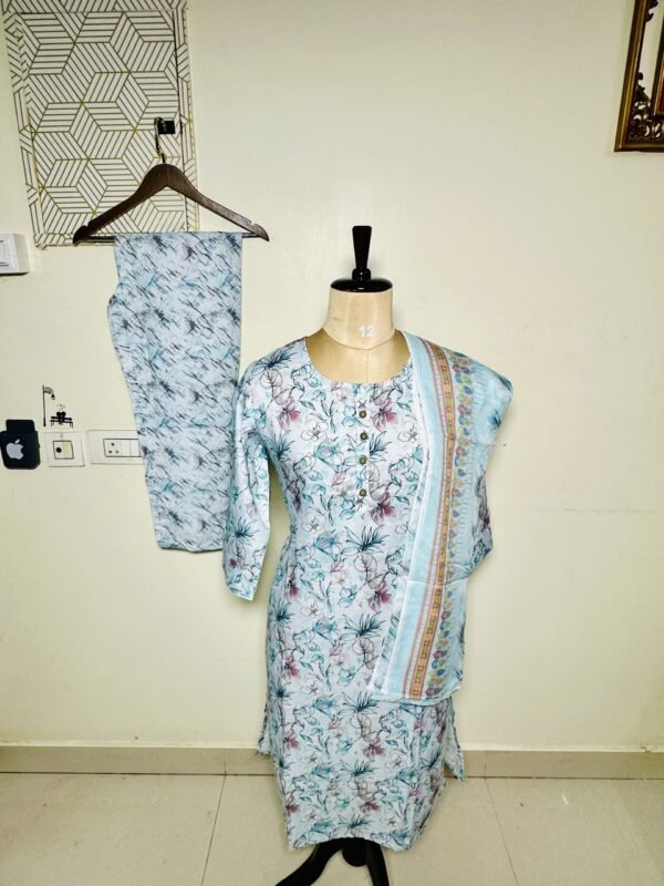 Sky blue and white mixed floral printed kurthi