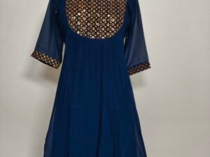 Golden intrcate yoke navy blue flare kurti