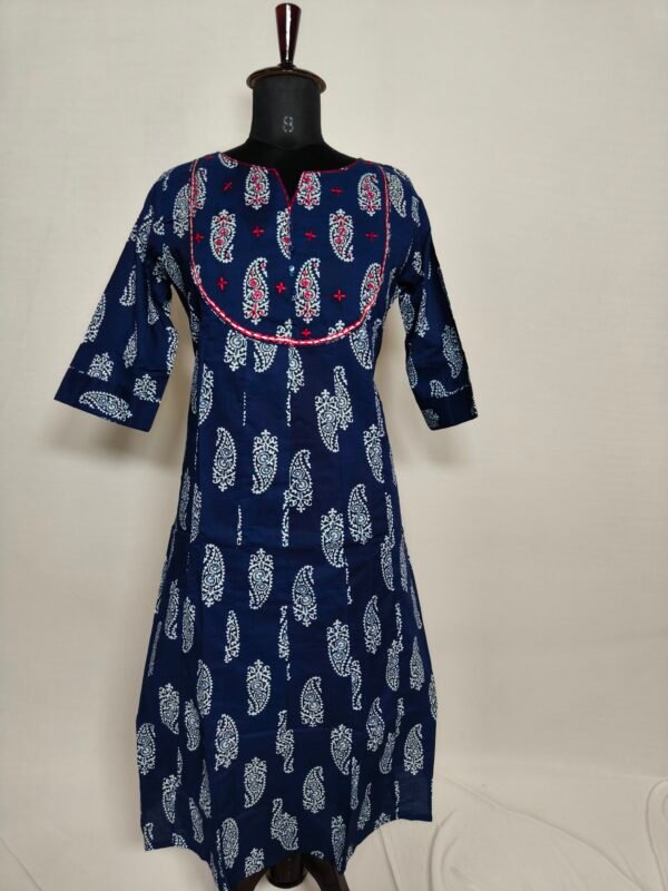 Navy blue with white and red printed and embroidery design kurti