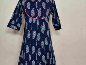 Navy blue with white and red printed and embroidery design kurti