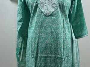 Intricate embroidery yoke teal green chudidar set