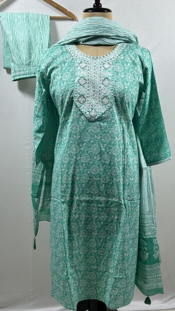 Intricate embroidery yoke teal green chudidar set