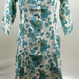 Floral designed bue and green cotton long kurthi