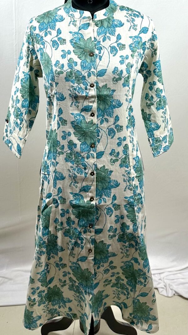 Floral designed bue and green cotton long kurthi