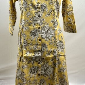 Floral designed mustard yellow cotton long kurthi