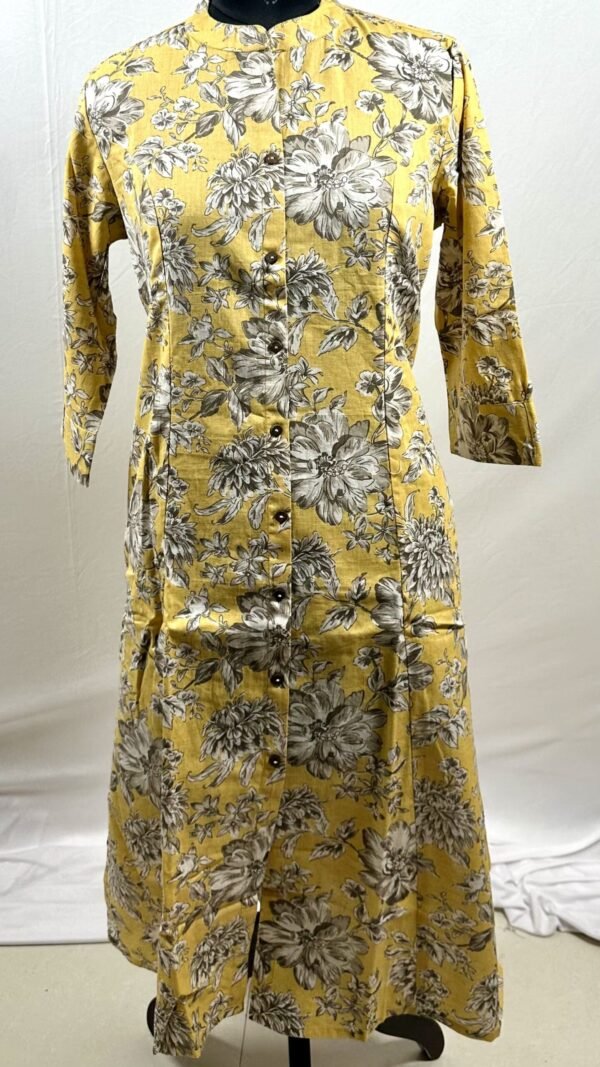 Floral designed mustard yellow cotton long kurthi