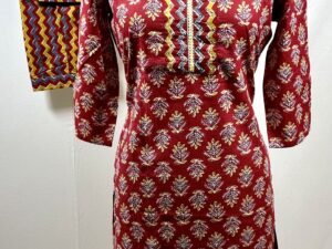 Red block print with zig zag pattern in yellow and grey