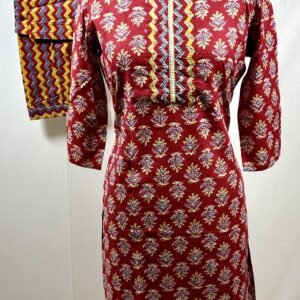 Red block print with zig zag pattern in yellow and grey