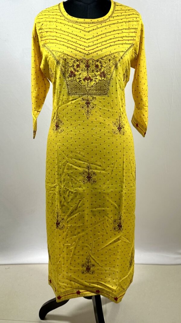 Yellow base with red embroided long kurthi