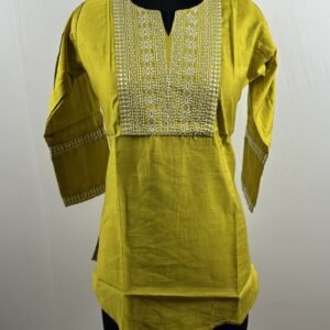 Lemon yellow white embroded yoke short kurthi