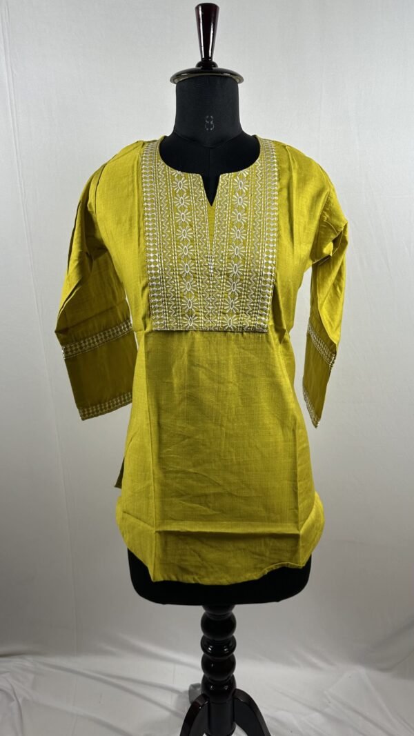 Lemon yellow white embroded yoke short kurthi