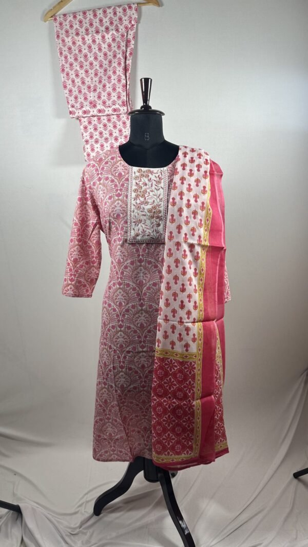 Baby Pink floral designed and white emobrided yoke chudidar set