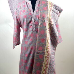 Grey with pink ffloral chudidar set