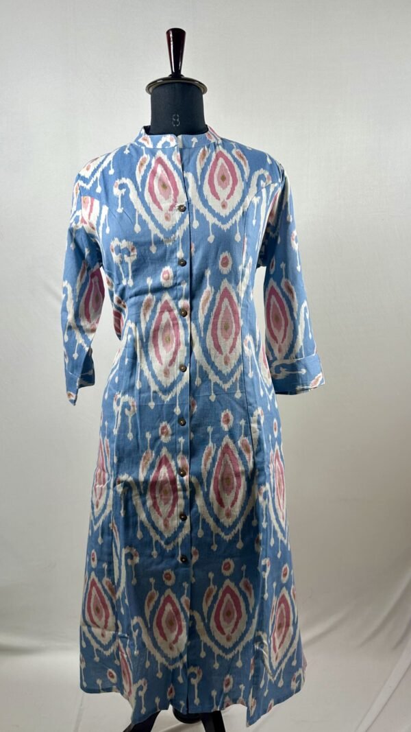 Sky blue with white pink printed cotton kurthi