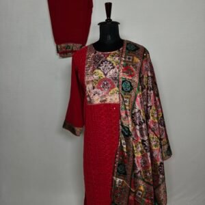 Bright red multi coloured printed churidar set