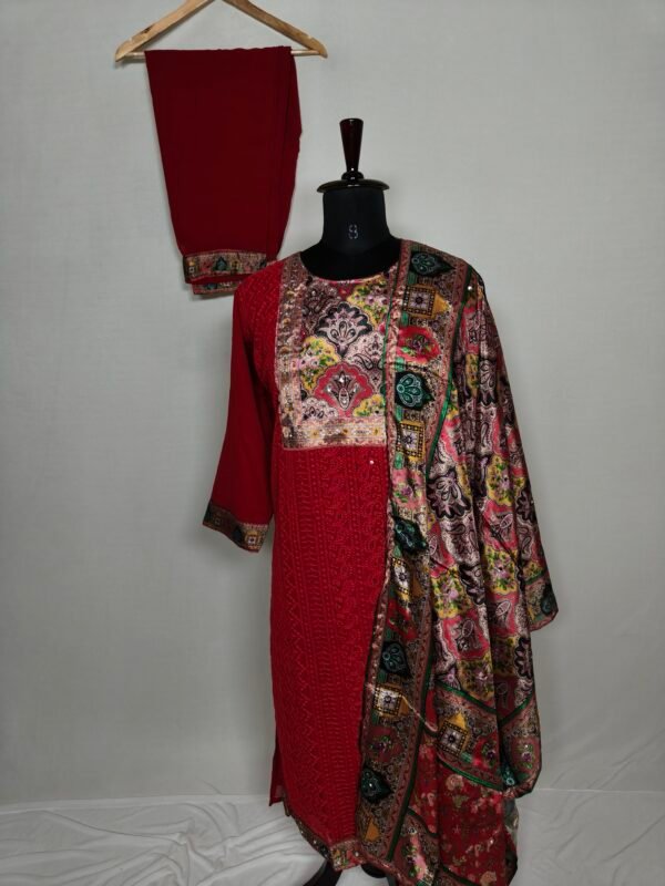 Bright red multi coloured printed churidar set